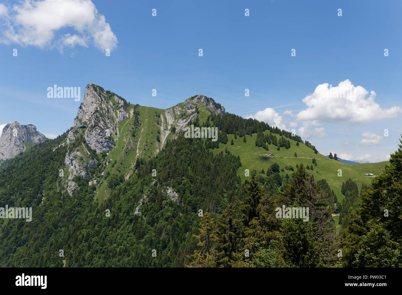 View from a walking trail showing mountains around Lake Annecy nr Montin France Stock Photo