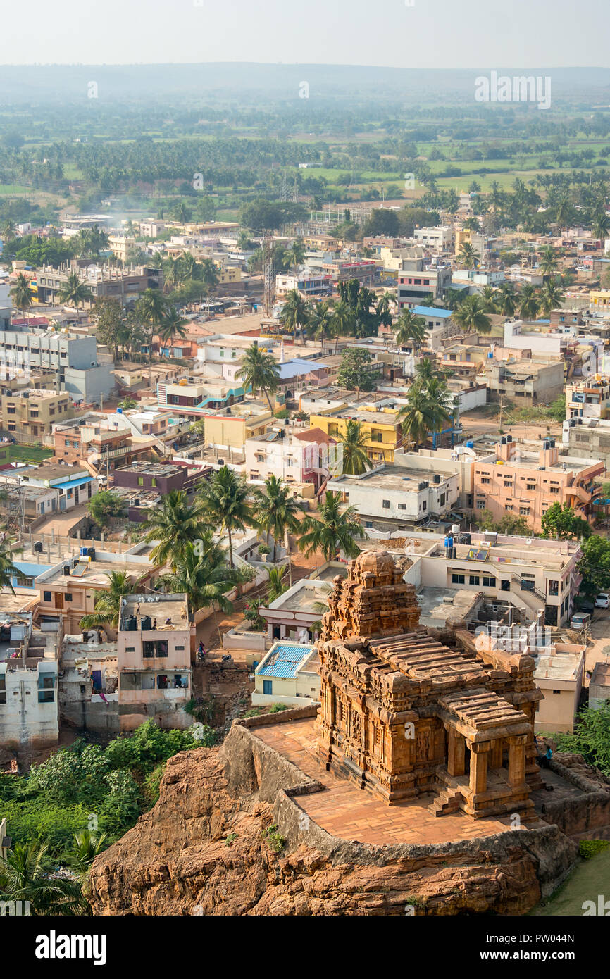 High above view of the flat roof houses and temple of Badami, India. Stock Photo