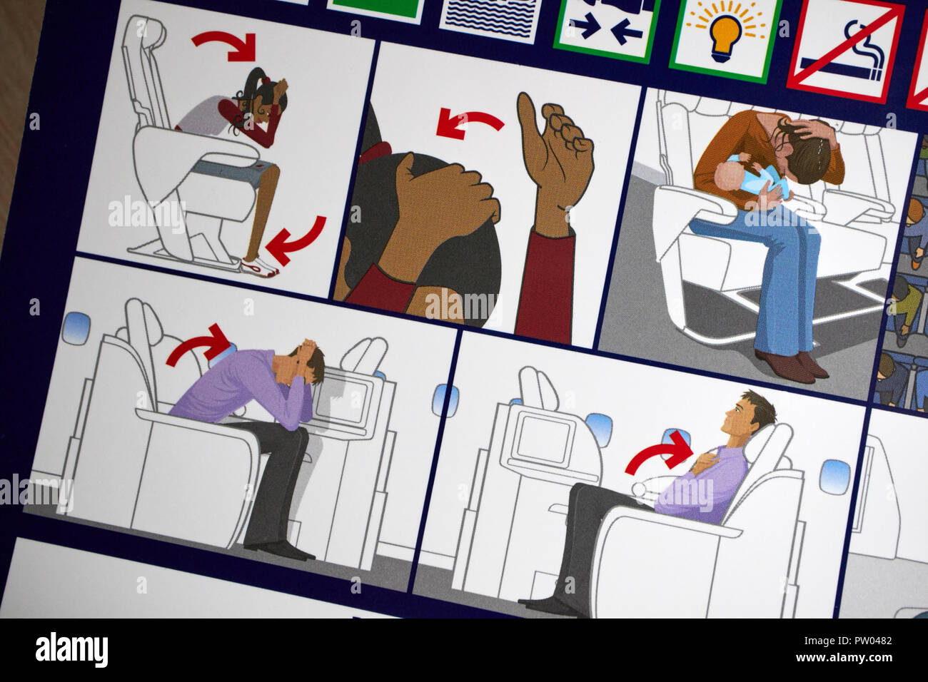 brace position shown on Safety on Board british airways flight safety card information Stock Photo