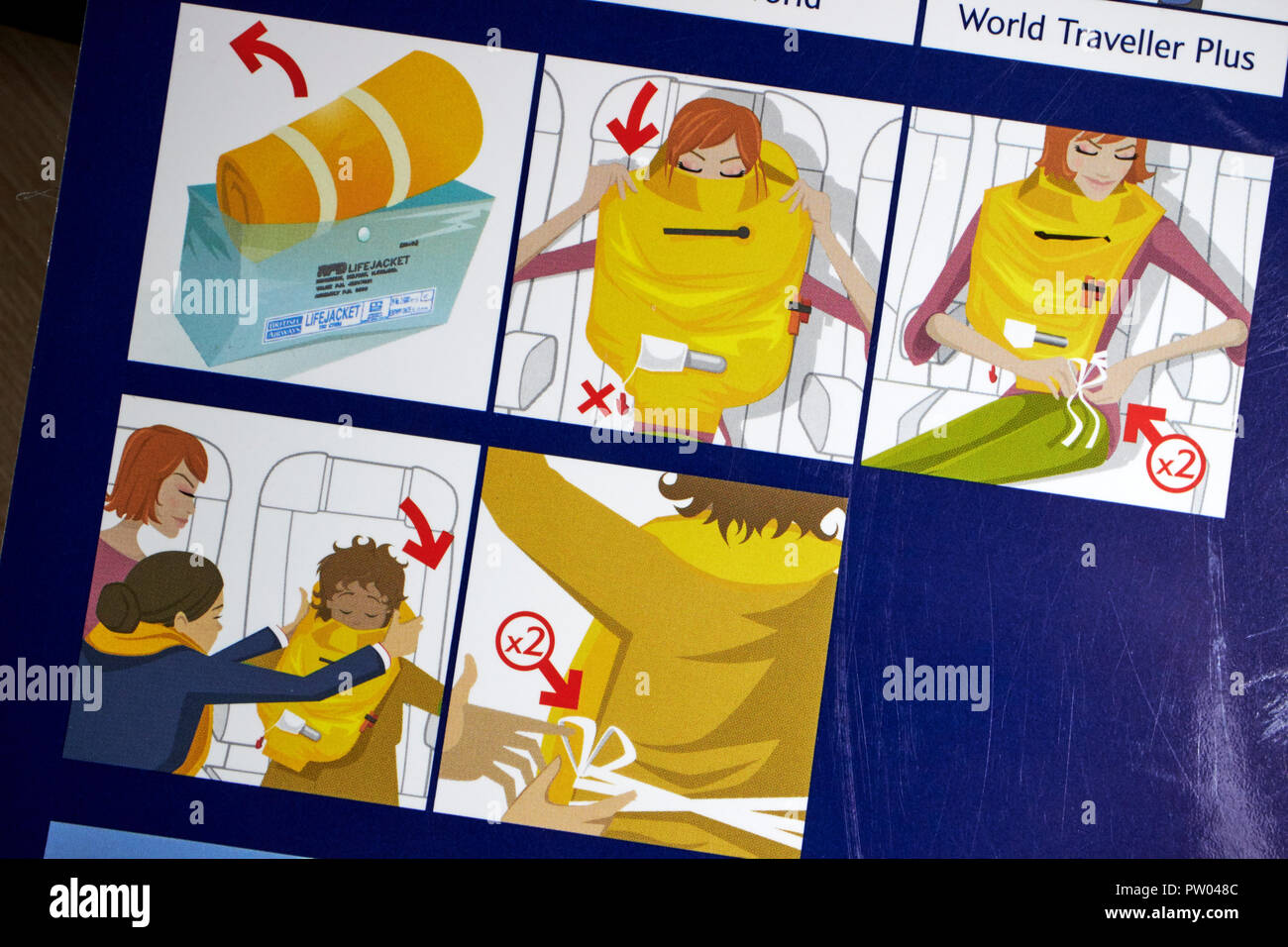 emergency lifejacket instruction on Safety on Board british airways flight safety card information Stock Photo