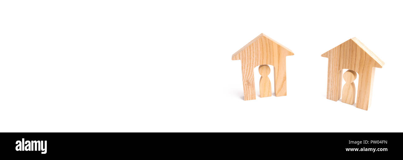 Wooden houses and people on a white background. Neighbors. Relations between neighbors in the suburbs, good-neighborliness and mutual assistance. City Stock Photo