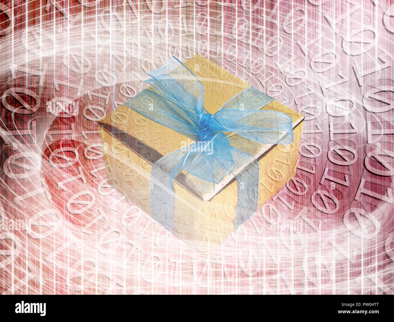 conceptual internet business illustration of binary code and shiny gift ...