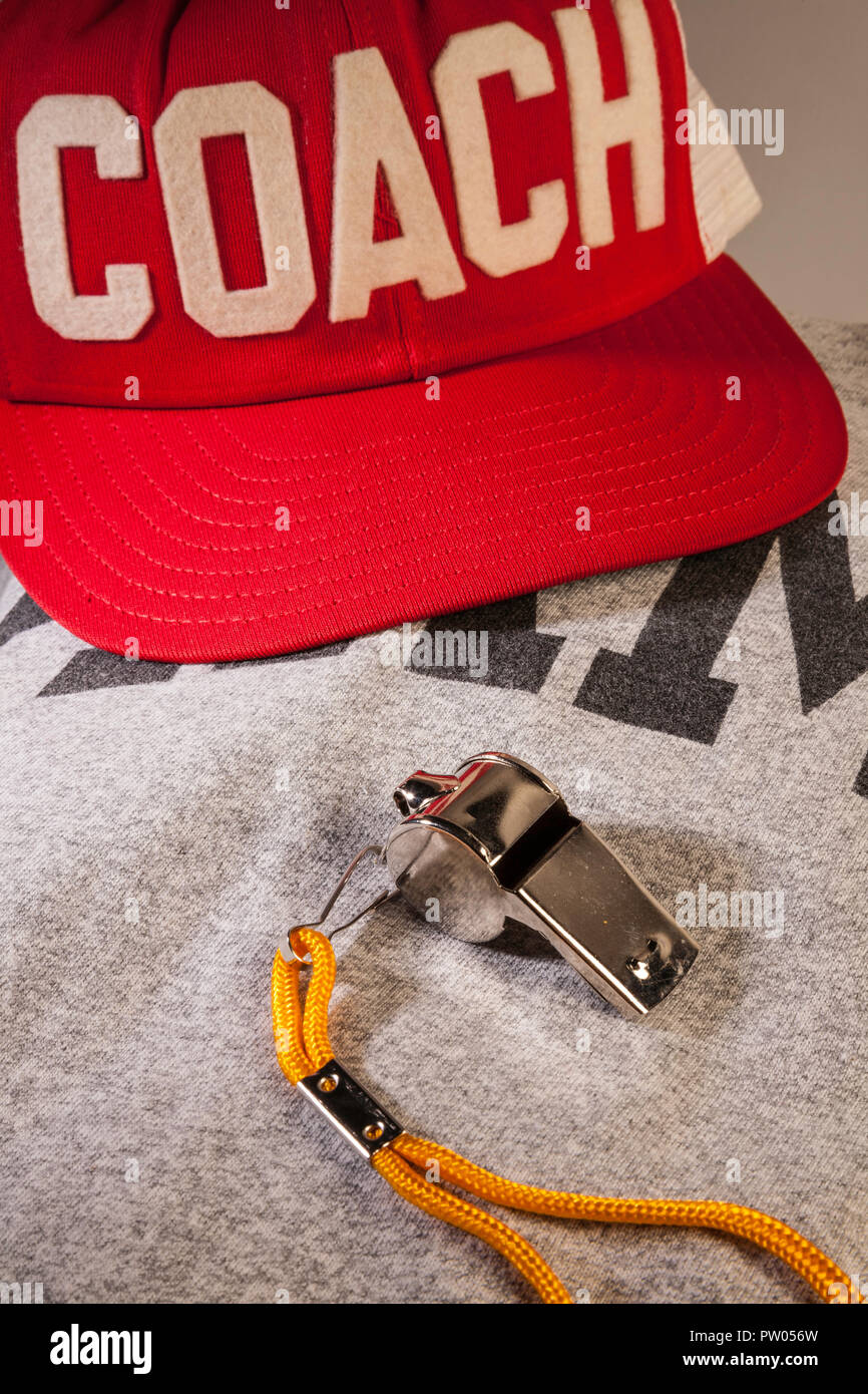 Sport coach hat and whistle, USA Stock Photo