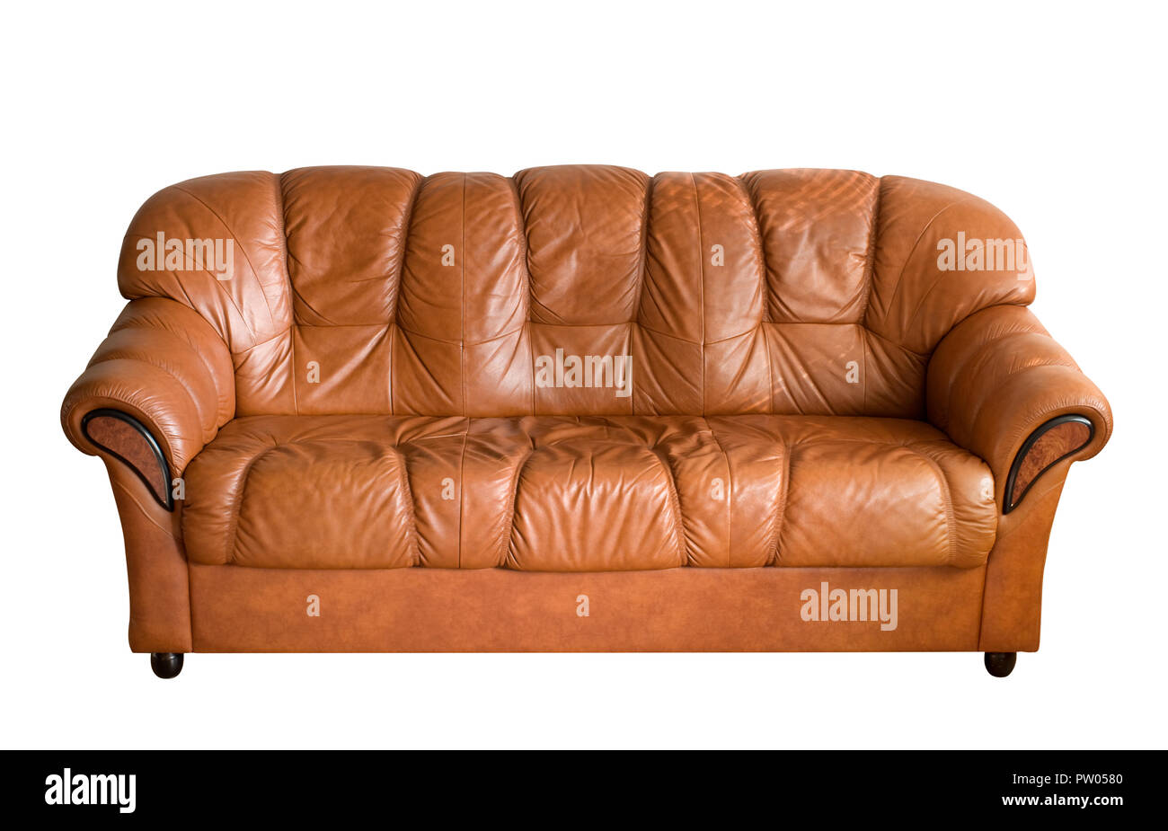 Brown leather sofa isolated on white background. Stock Photo