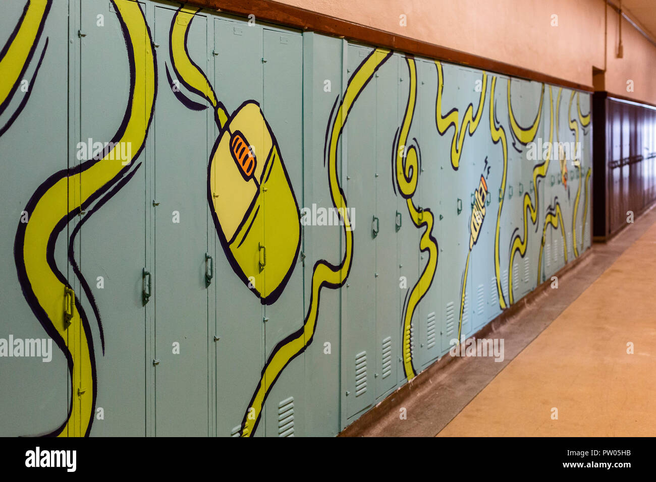 Detroit, Michigan - Art work on lockers in the old Durfee Elementary-Middle School. Stock Photo