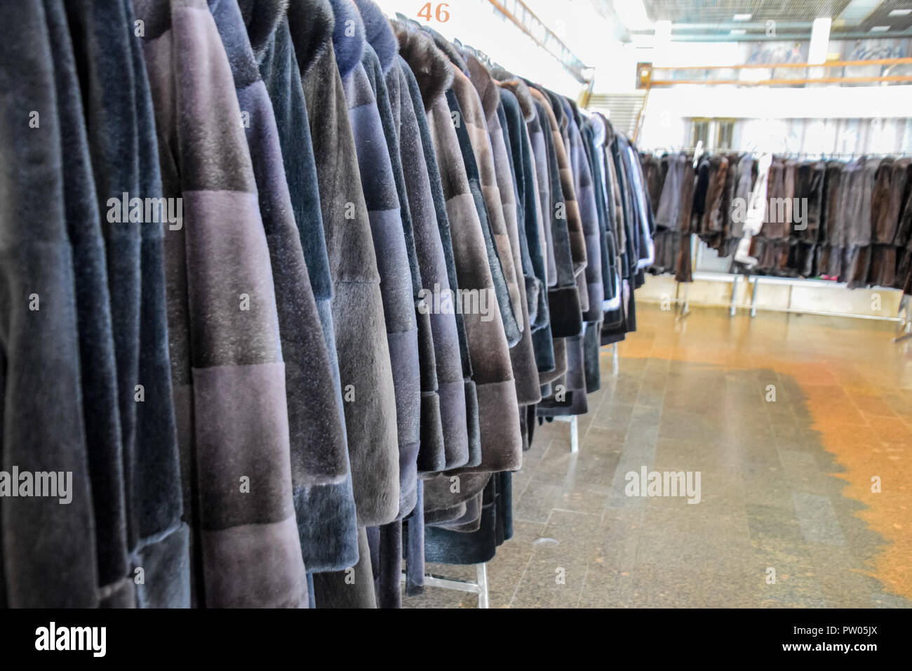 Fur coats on hangers. Fur store. fur coats in a row Stock Photo Alamy