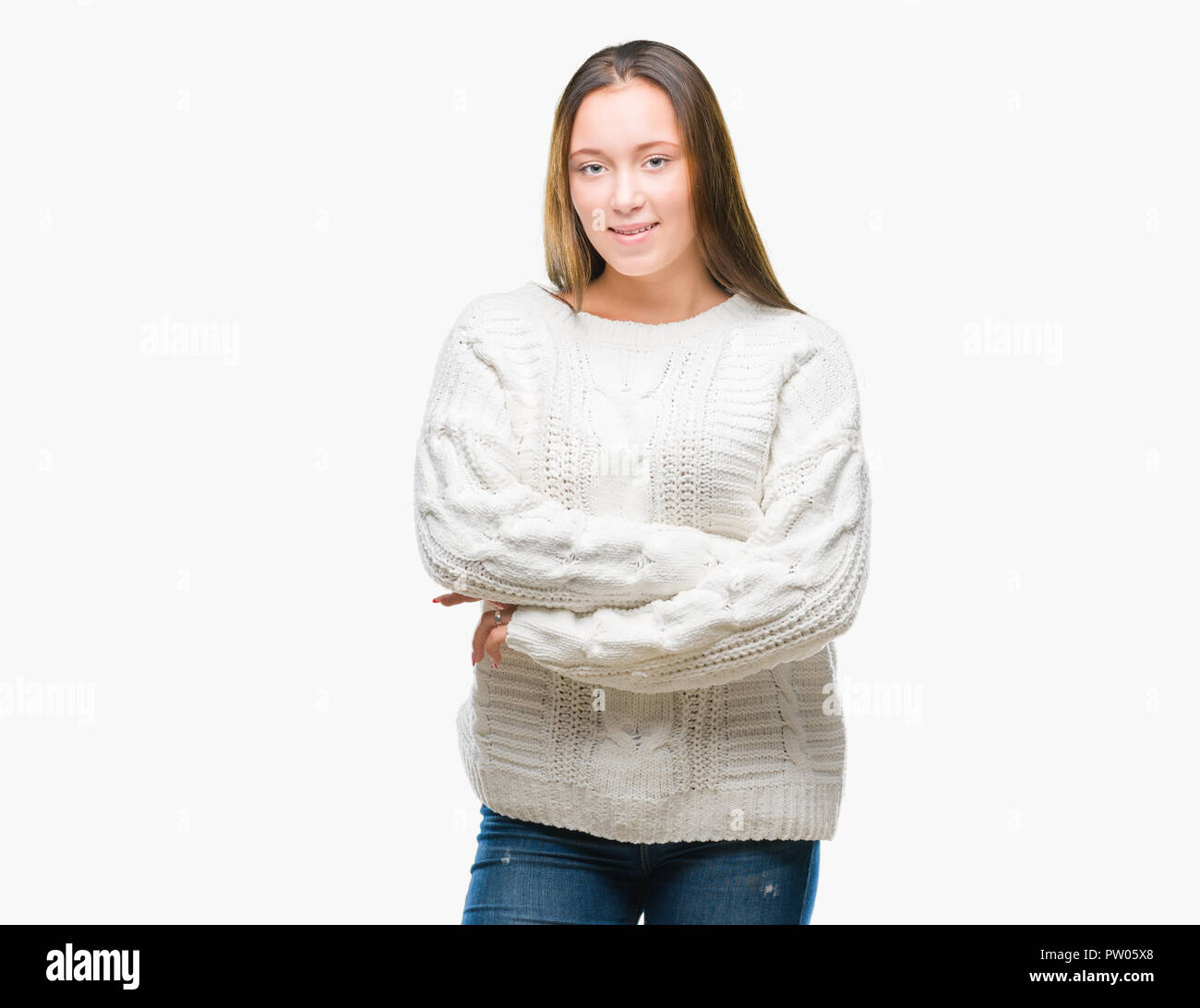Young beautiful caucasian woman wearing winter sweater over isolated ...