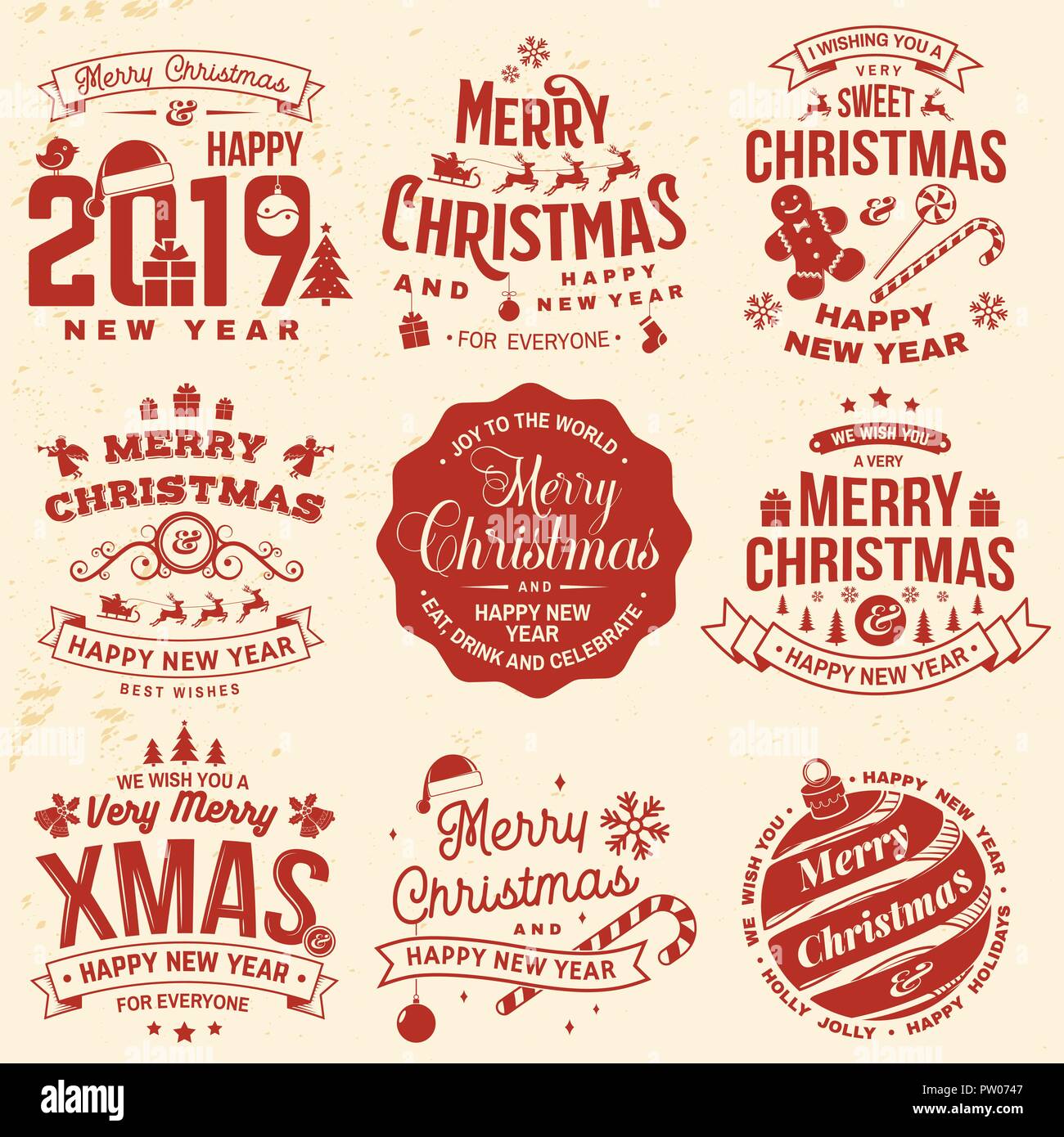 Christmas Stamps For 2019 Set of Merry Christmas and 2019 Happy New Year stamp, sticker set Christmas Stamps For 2019 Set of Merry Christmas and 2019 Happy New Year stamp, sticker set