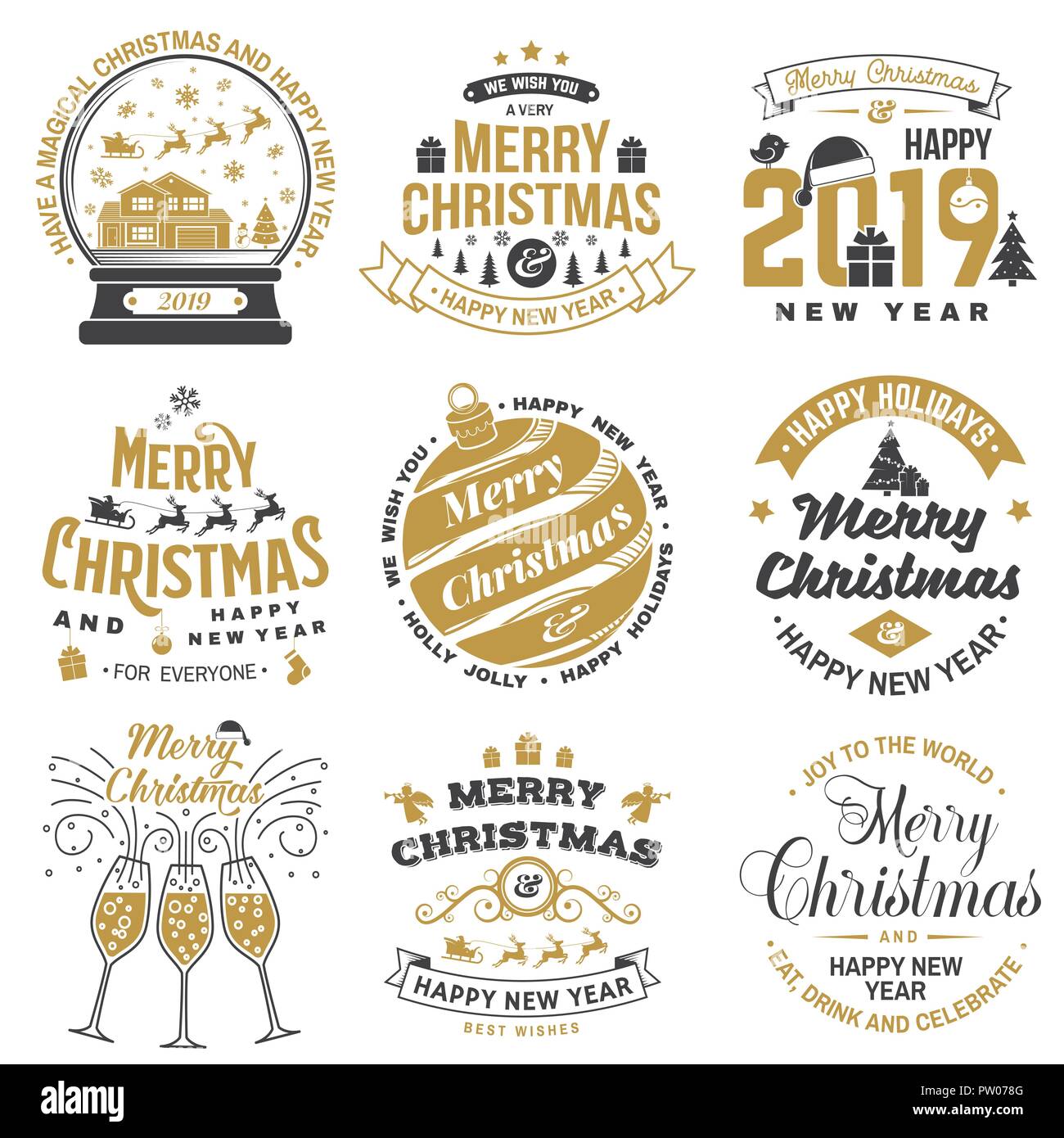 Christmas Stamps For 2019 Set of Merry Christmas and 2019 Happy New Year stamp, sticker set Christmas Stamps For 2019 Set of Merry Christmas and 2019 Happy New Year stamp, sticker set