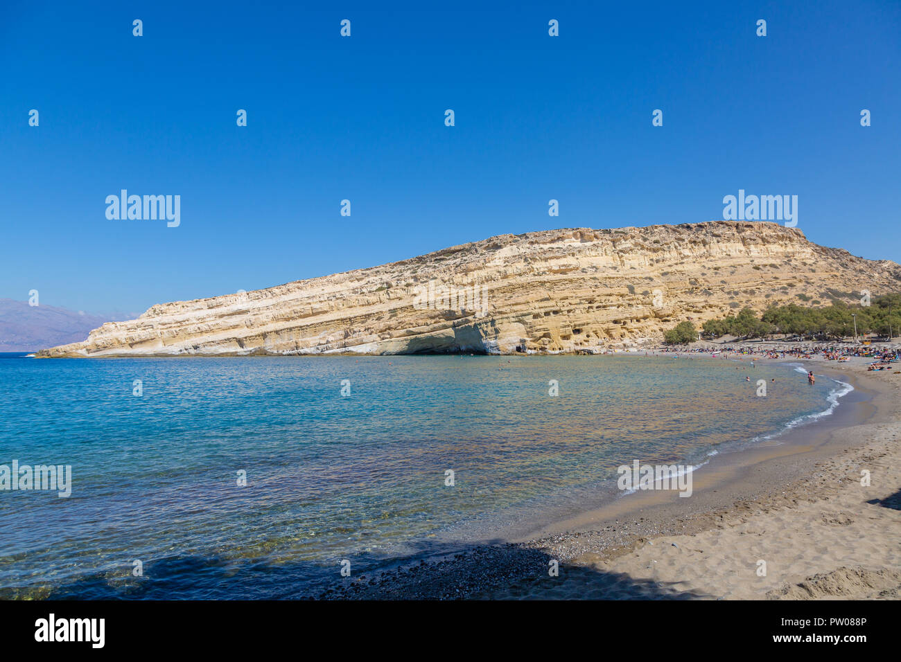 Matala, Greece - September 25, 2018: Famous hippies Matala Beach, Crete Island Stock Photo