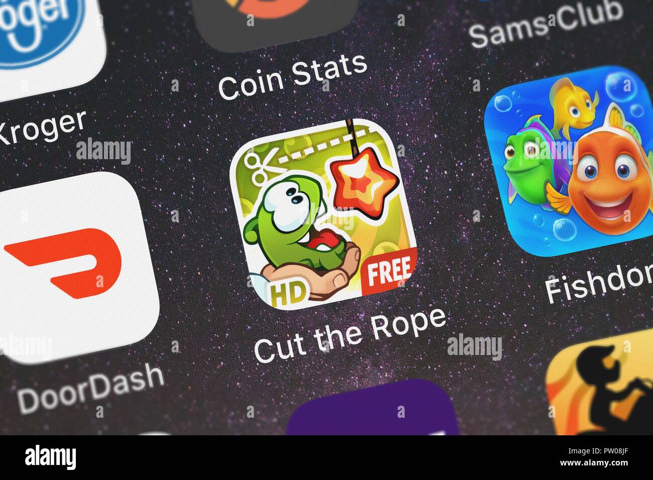 London, United Kingdom - October 11, 2018: Close-up of the Cut the Rope:  Experiments HD ™ icon from ZeptoLab UK Limited on an iPhone Stock Photo -  Alamy