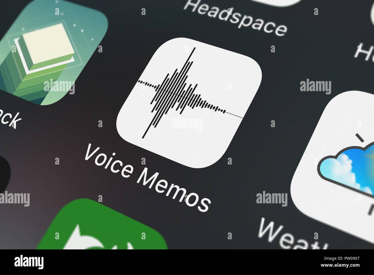 London, United Kingdom - October 11, 2018: Close-up of the Voice Memos icon from Apple on an iPhone. Stock Photo