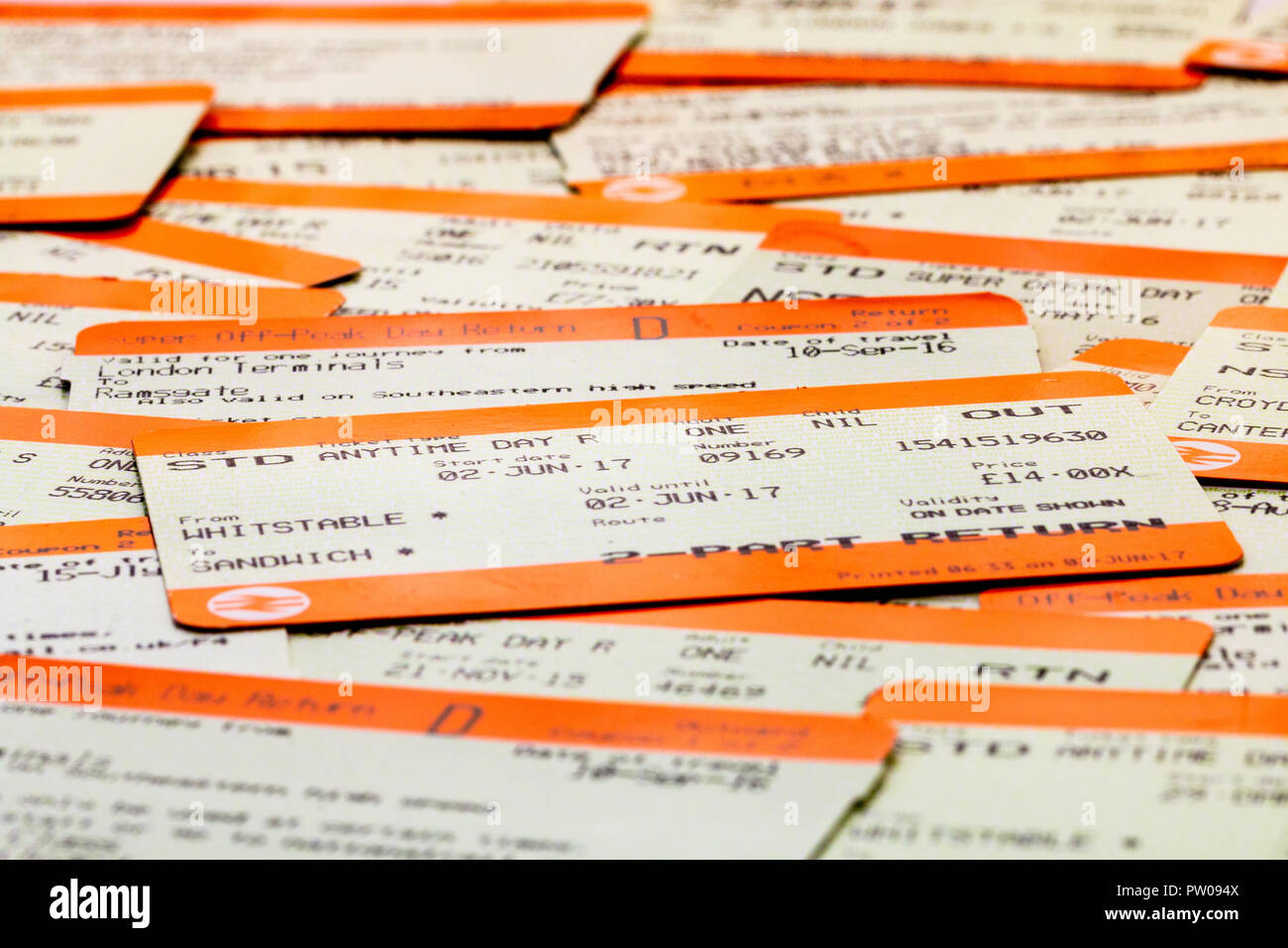 British railways ticket with others. Main ticket is standard anytime day return, Whitstable to Sandwich. Stock Photo