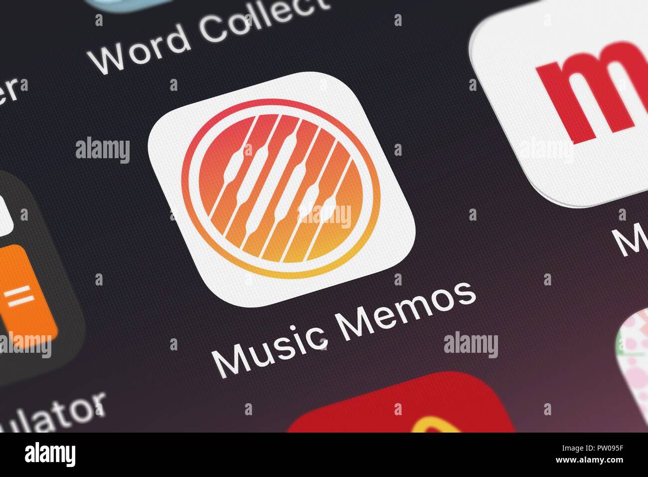 London, United Kingdom - October 11, 2018: Close-up shot of the Music Memos application icon from Apple on an iPhone. Stock Photo