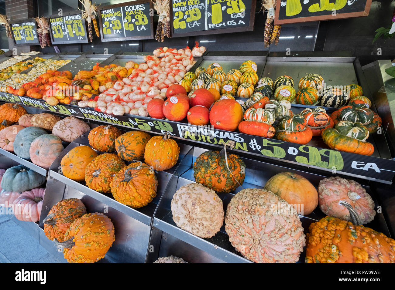 Pumpkins and gourds for sale at Westside Market on Third Avenue in Greenwich Village, Manhattan, New York City. Stock Photo