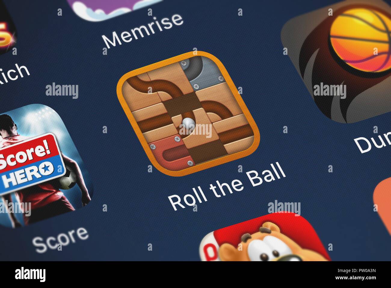 London, United Kingdom - October 11, 2018: Close-up shot of BitMango's popular app Roll the Ball® - slide puzzle. Stock Photo