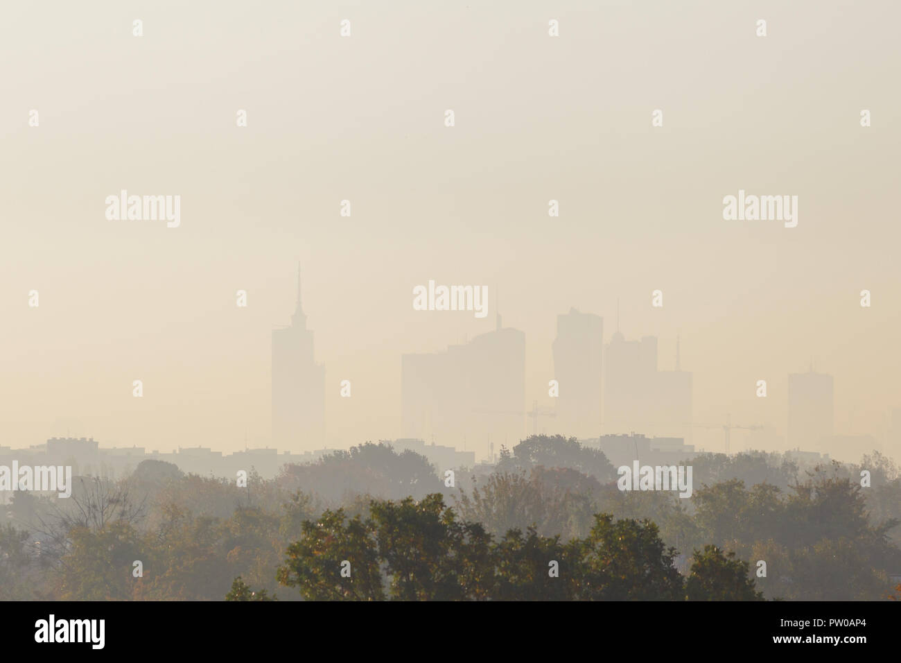 Warsaw, the capital of Poland covered in smog and fog Stock Photo