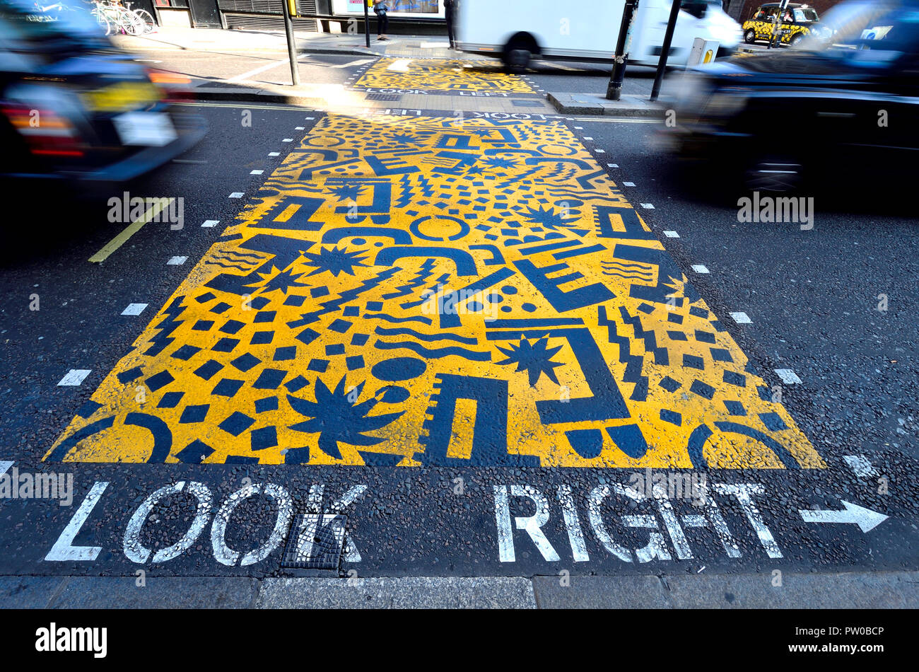 'City Jam' (Eley Kishimoto 2018) pedestrian cossing by the Barbican, part of the Culture Mile 'Colourful Crossings' art project, London, UK. Stock Photo