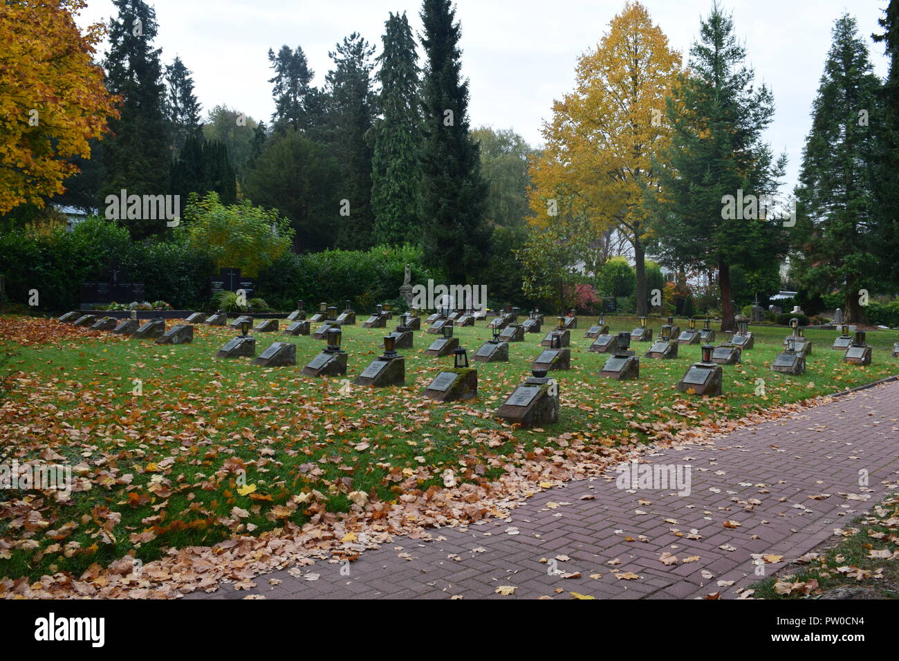 A grave marker for Soviet soldier's  in a German War Cemetery (Kriegsgräberstätte - Ehrenfriedhof) from the WW1 Cemetery in Merzig, Germany Stock Photo