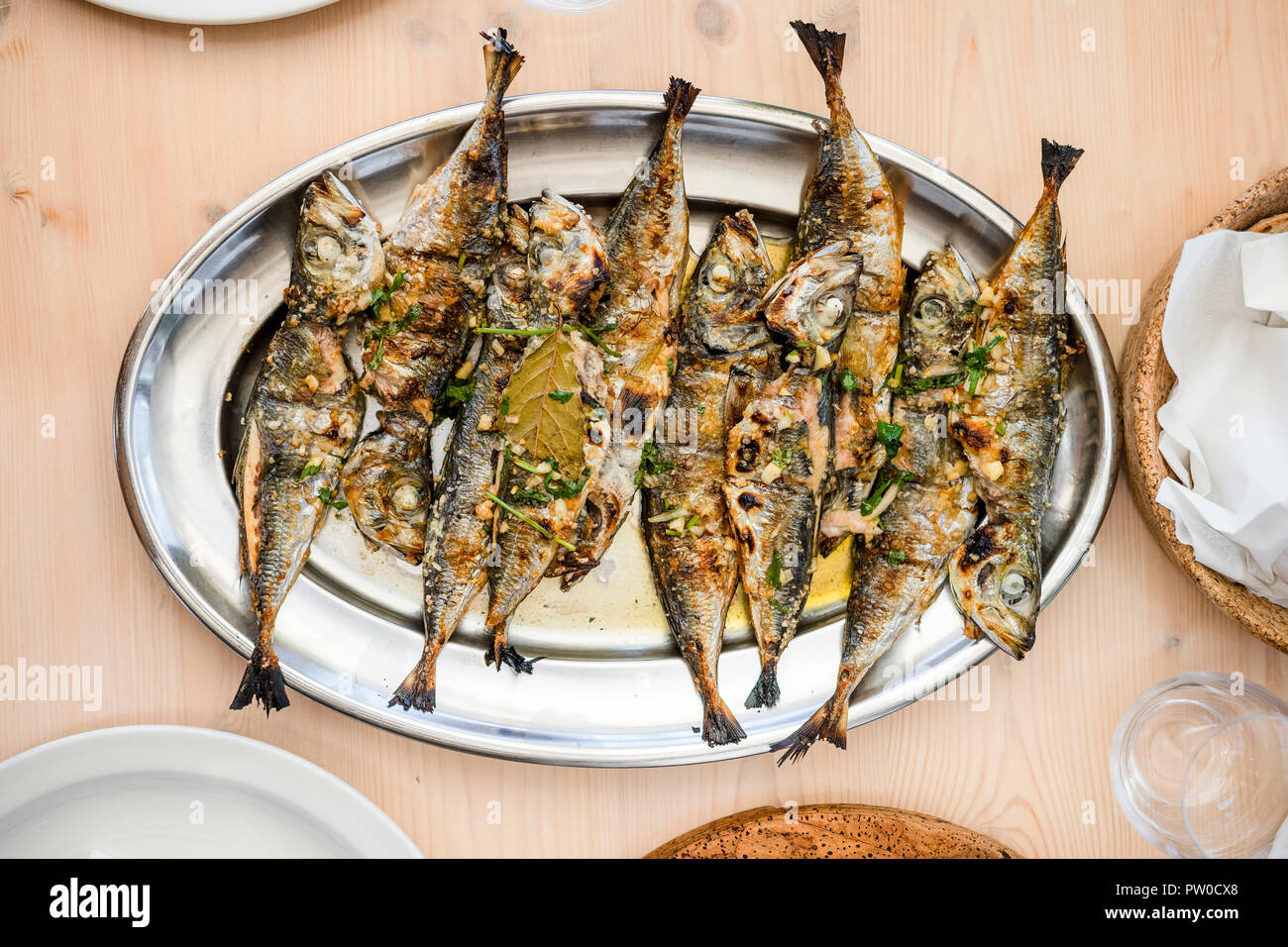 Silver Tray Full Of Delicious Fish Mackerel Known As Carapau In Portugal Stock Photo Alamy