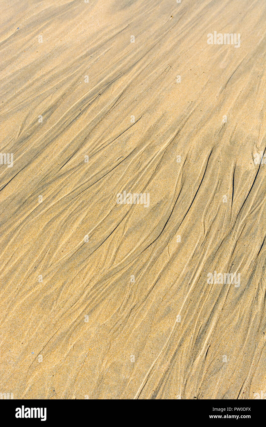 Low tide ripple marks in wet beach sand - or fluvial ridges. Mars-like flow patterns concept, and Stratigraphy research. Stock Photo