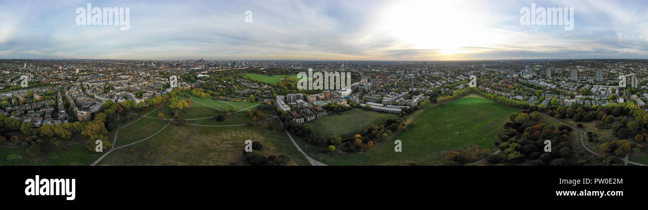 Aerial view 360 panorama London cityscape with urban architectures. Beautiful city skyline feat parks, residential neighborhood view of Primrose Hill Stock Photo