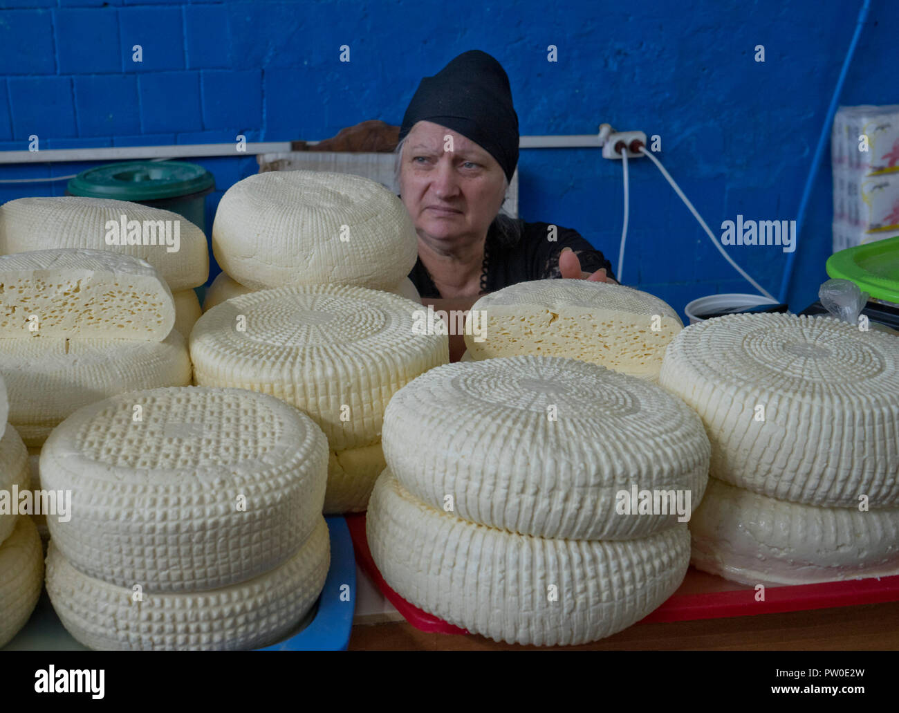Traditional Sulguni cheese for sale at the market in Kutaisi,Georgia Stock Photo