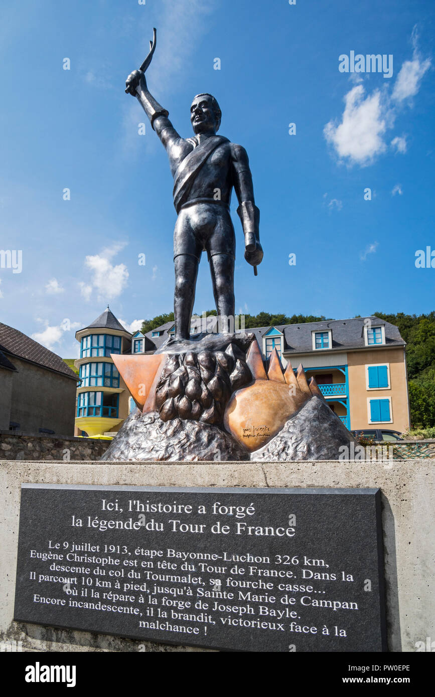 Statue of French Tour de France cyclist, Eugène Christophe / Le Vieux Gaulois at Sainte-Marie-de-Campan, Hautes-Pyrénées, France Stock Photo