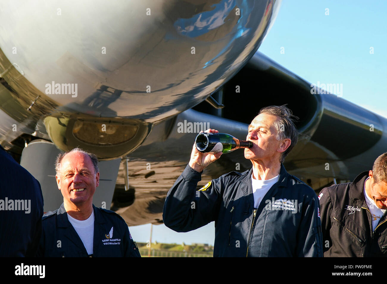 Vulcan to the Sky flight crew celebrating receiving air display approval for ex RAF Avro Vulcan B2 XH558 Cold War nuclear bomber in private ownership Stock Photo