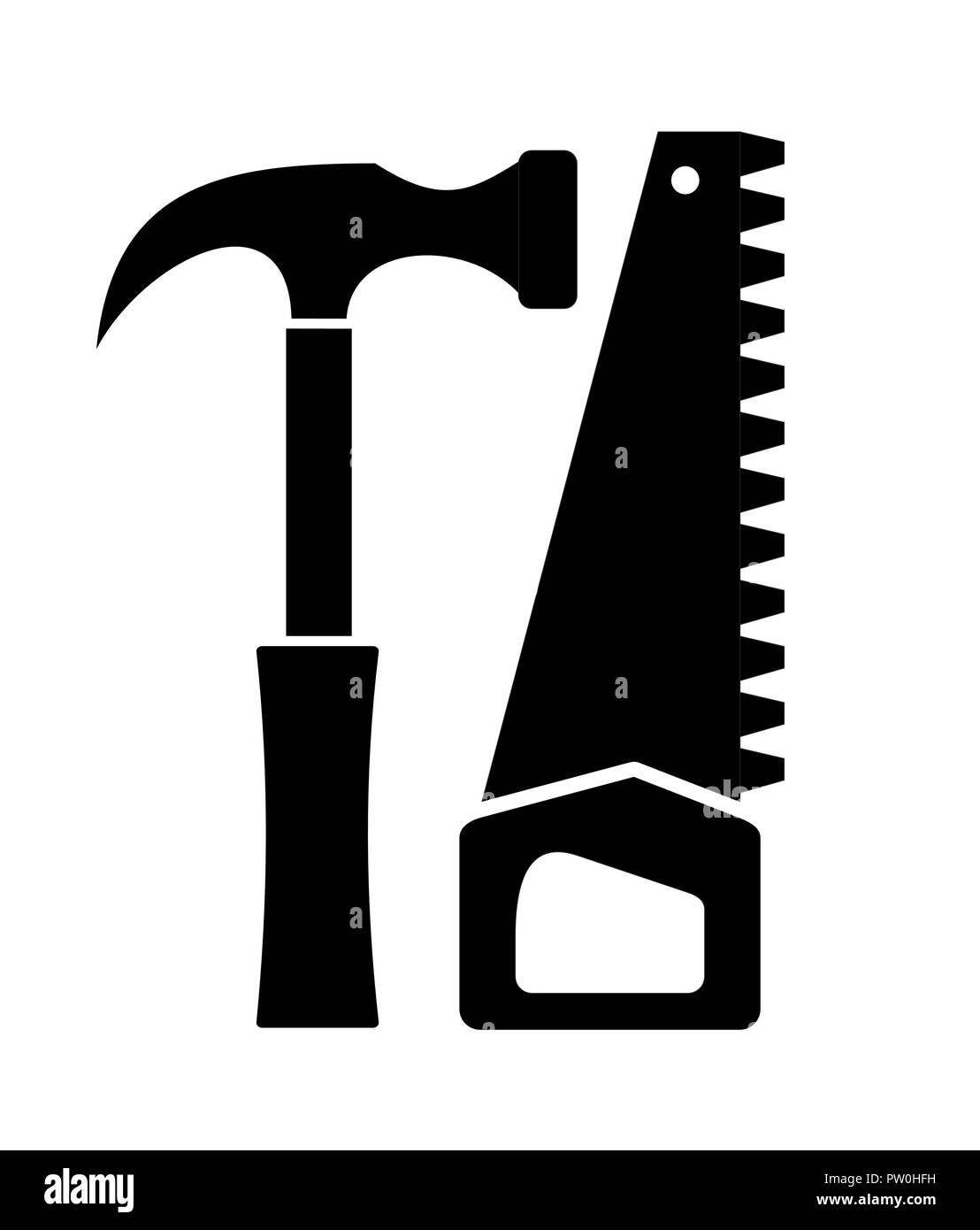 Hammer and saw vector isolated in black and white. perfect as a logo or sign for your store. Good for a logo on a workshirt or a company Stock Vector