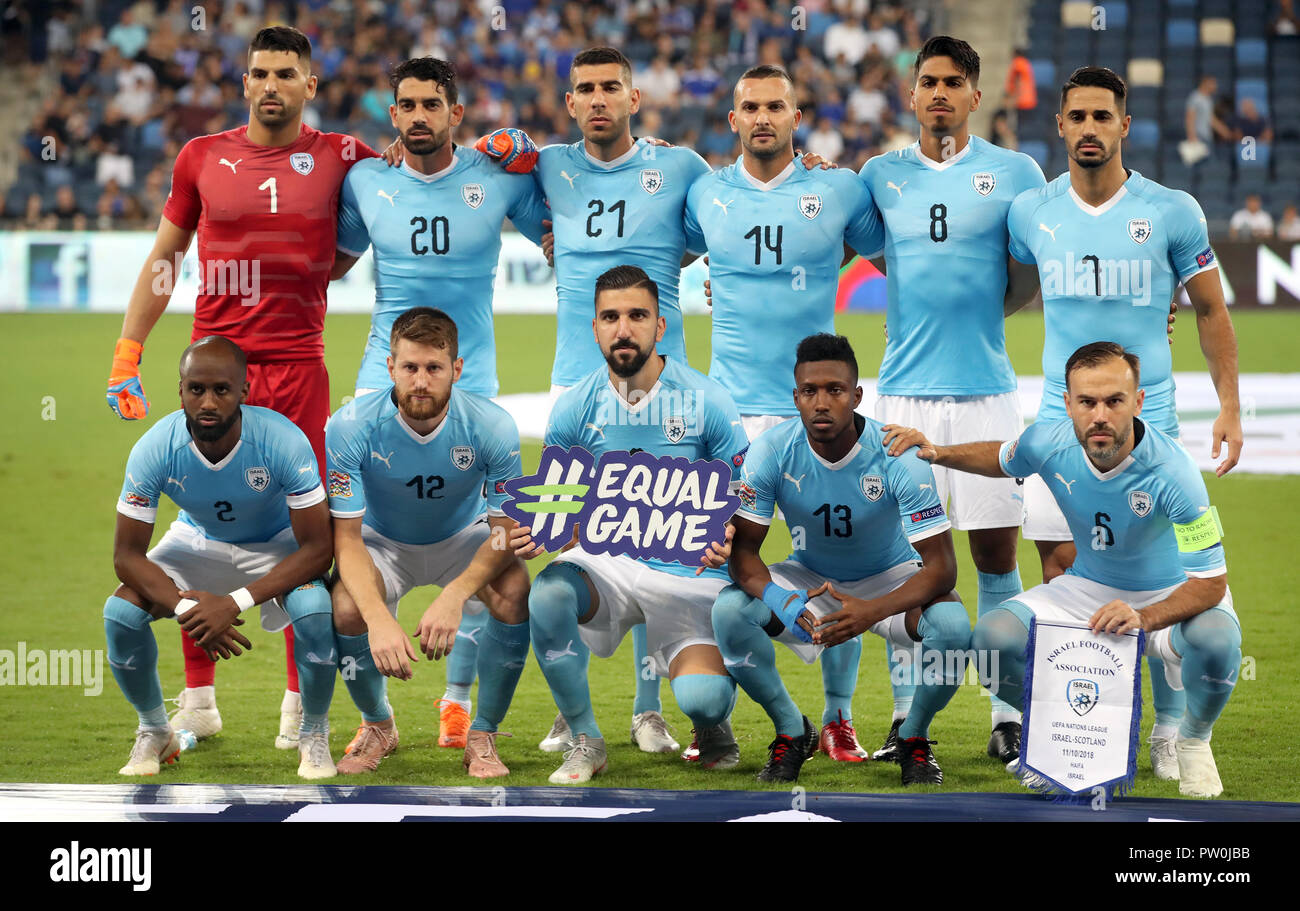 Israel team group during the UEFA Nations League Group C1 match at the Sammy Ofer Stadium, Haifa. PRESS ASSOCIATION Photo. Picture date: Thursday October 11, 2018. See PA story soccer Israel. Photo credit should read: Adam Davy/PA Wire. RESTRICTIONS: Use subject to restrictions. Editorial use only. Commercial use only with prior written consent of the Scottish FA. Stock Photo