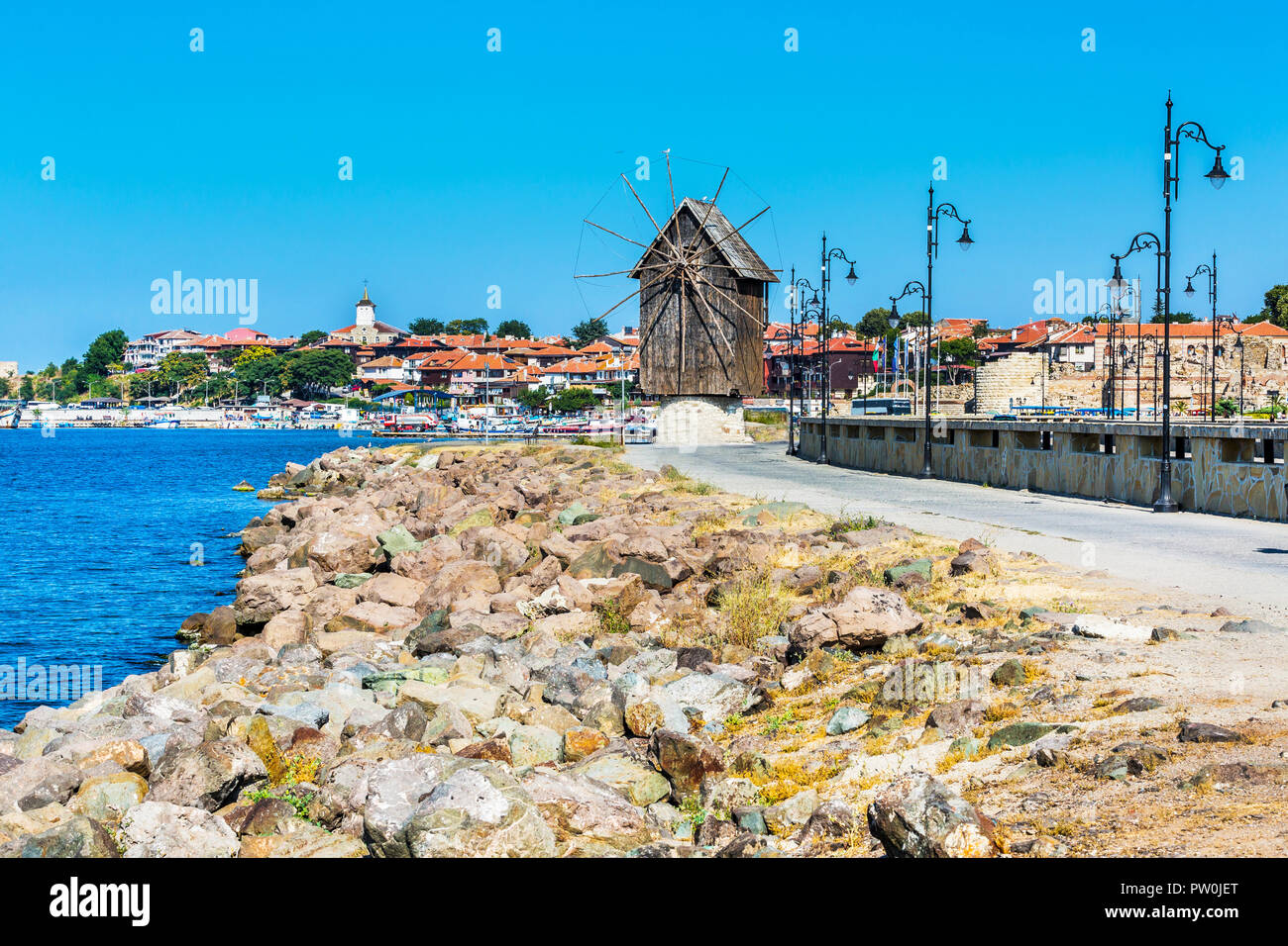 Windmill and old town panorama in Nessebar or Nesebar in Bulgaria, Black sea Stock Photo