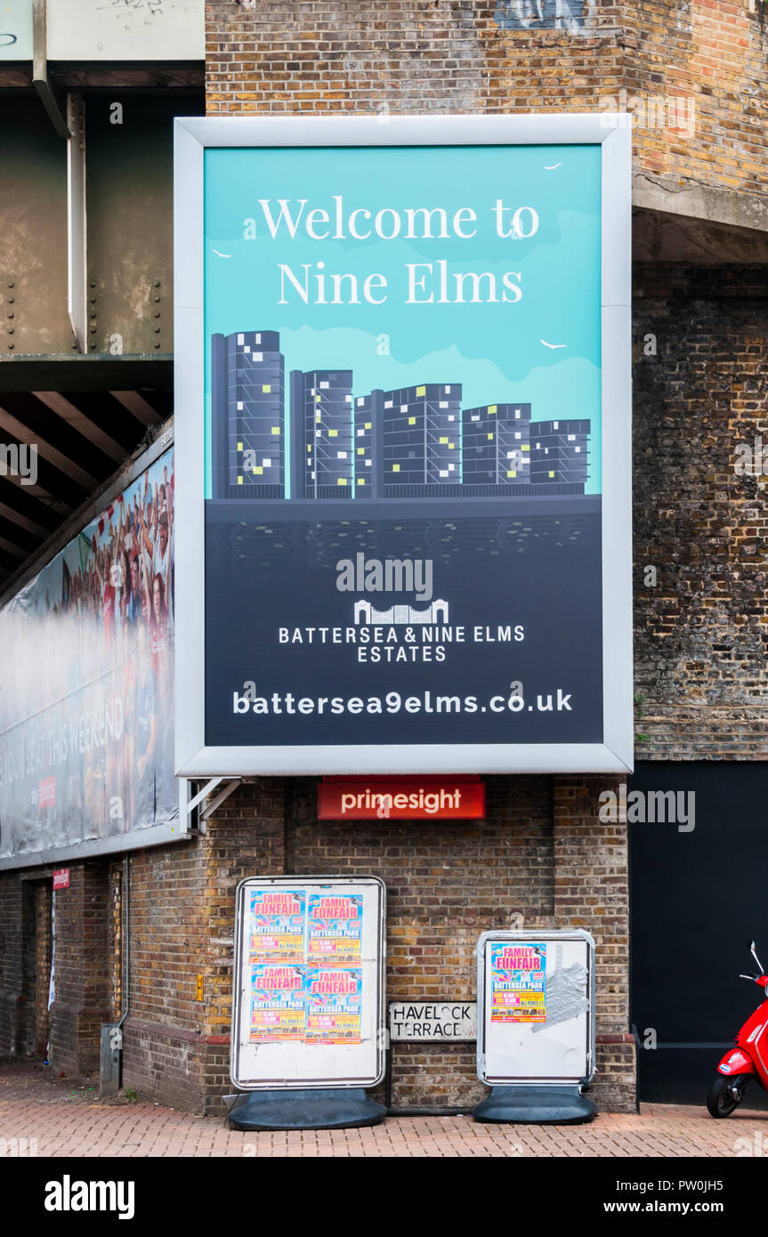 A Welcome to Nine Elms sign advertising Battersea & Nine Elms Estates, an estate agency that specialises in buying, selling or renting in the area. Stock Photo