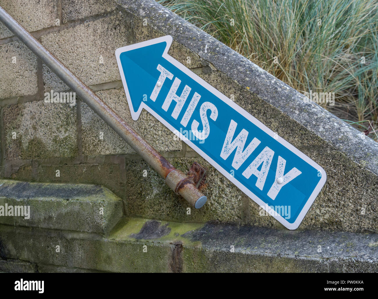 Arrow 'This Way' sign at a beachside cafe on Fitral Bay, Newquay