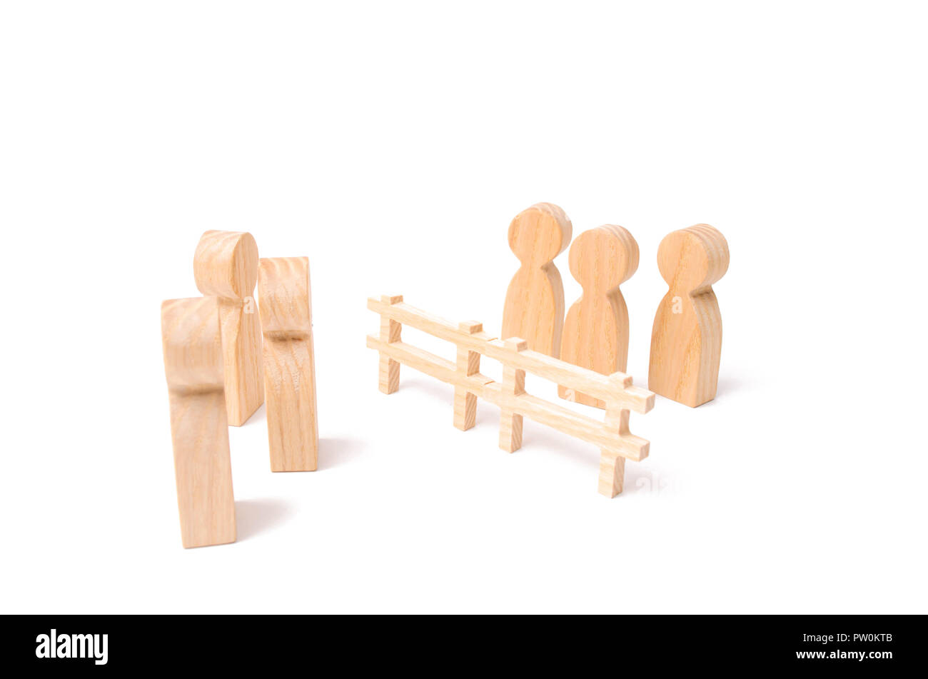 Negotiations of businessmen. A wooden fence divides the two groups discussing the case. Termination and breakdown of relations, breaking ties. Contrac Stock Photo