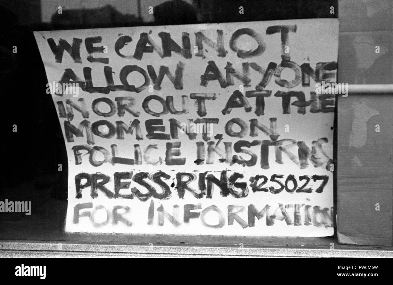 Sign put up by protesting students as they try to establish links with the outside world after taking over Bristol University’s Senate House administrative building during a sit-in that started on 5 December 1968 and continued for 11 days.   The students were campaigning for a greater say in the running of the university.  They also wanted the university’s students’ union to be opened up to students from other educational establishments in the city. Stock Photo
