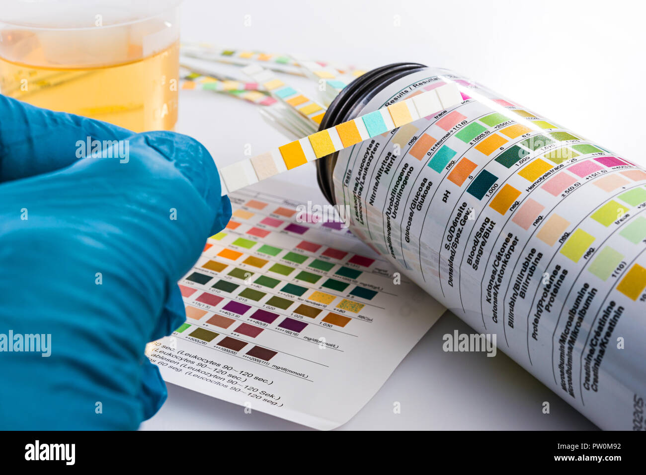 Test tires with test chart and urine can Stock Photo