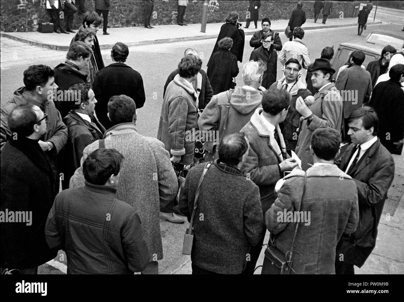 Reporters and news crews gather outside a student protest sit-in at Bristol University’s Senate House administrative building in 1968.  The students marched on the building on 5 December and stayed for 11 days.  They were campaigning for a greater say in the running of the university.  They also wanted the university’s students’ union to be opened up to students from other educational establishments in the city. Stock Photo
