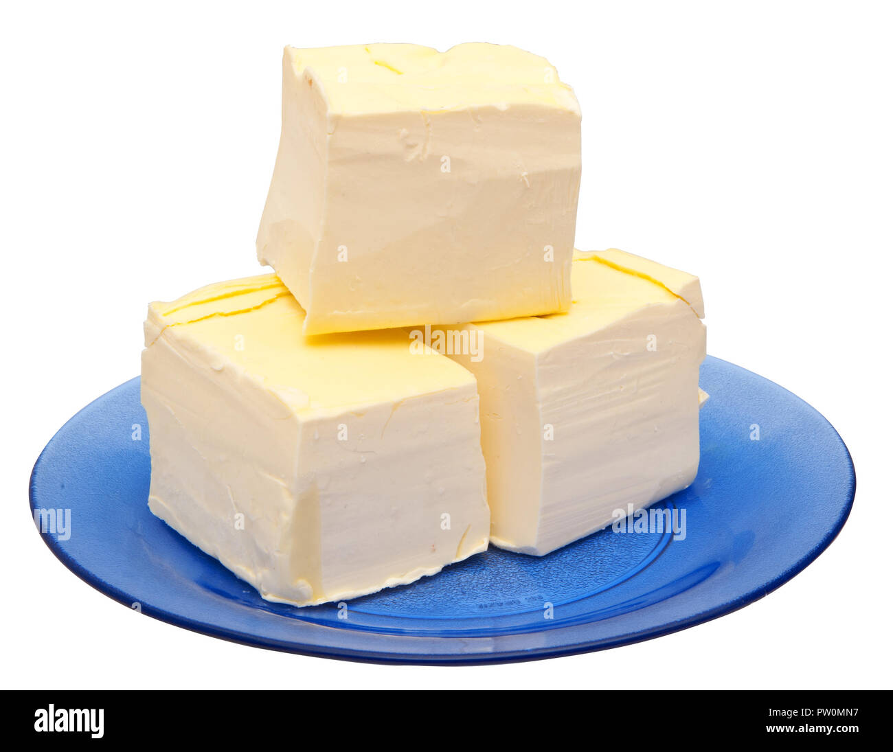 Butter on a blue plate on a white background Stock Photo Alamy