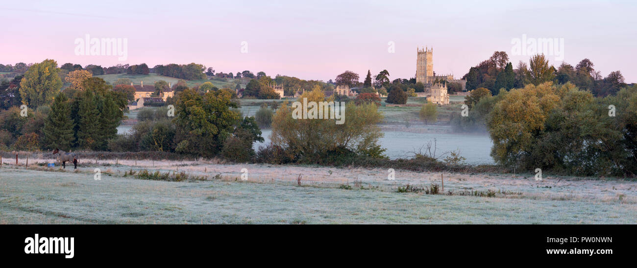 View over Cotswold town of Chipping Campden with St James' church and Dover's Hill on frosty autumn morning Stock Photo