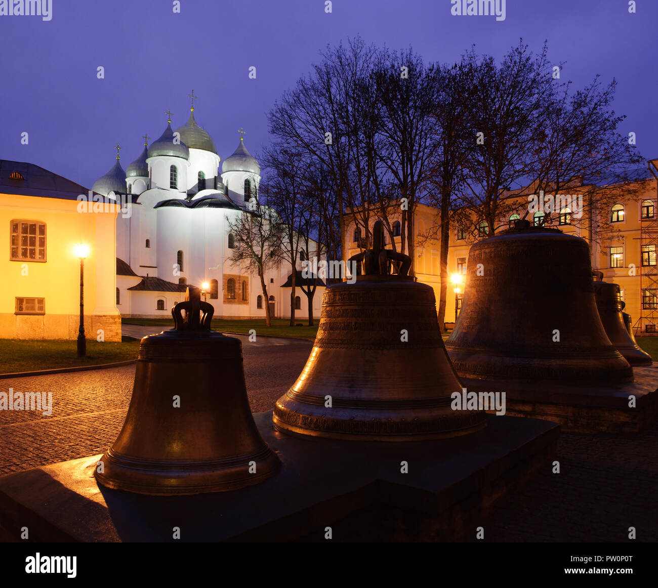Saint Sophia Cathedral in Veliky Novgorod by night Stock Photo