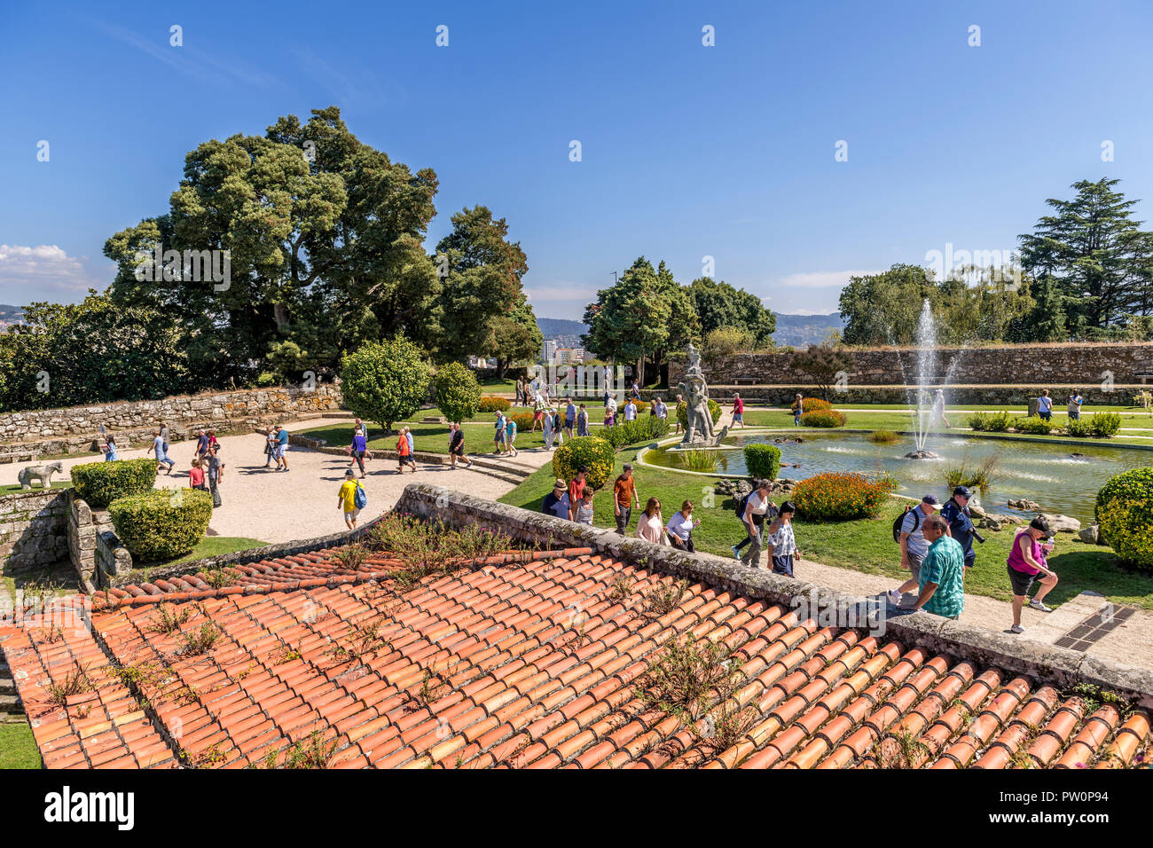 The pond and fountain in the grounds of the Castelo do Castro,  Vigo Spain Stock Photo