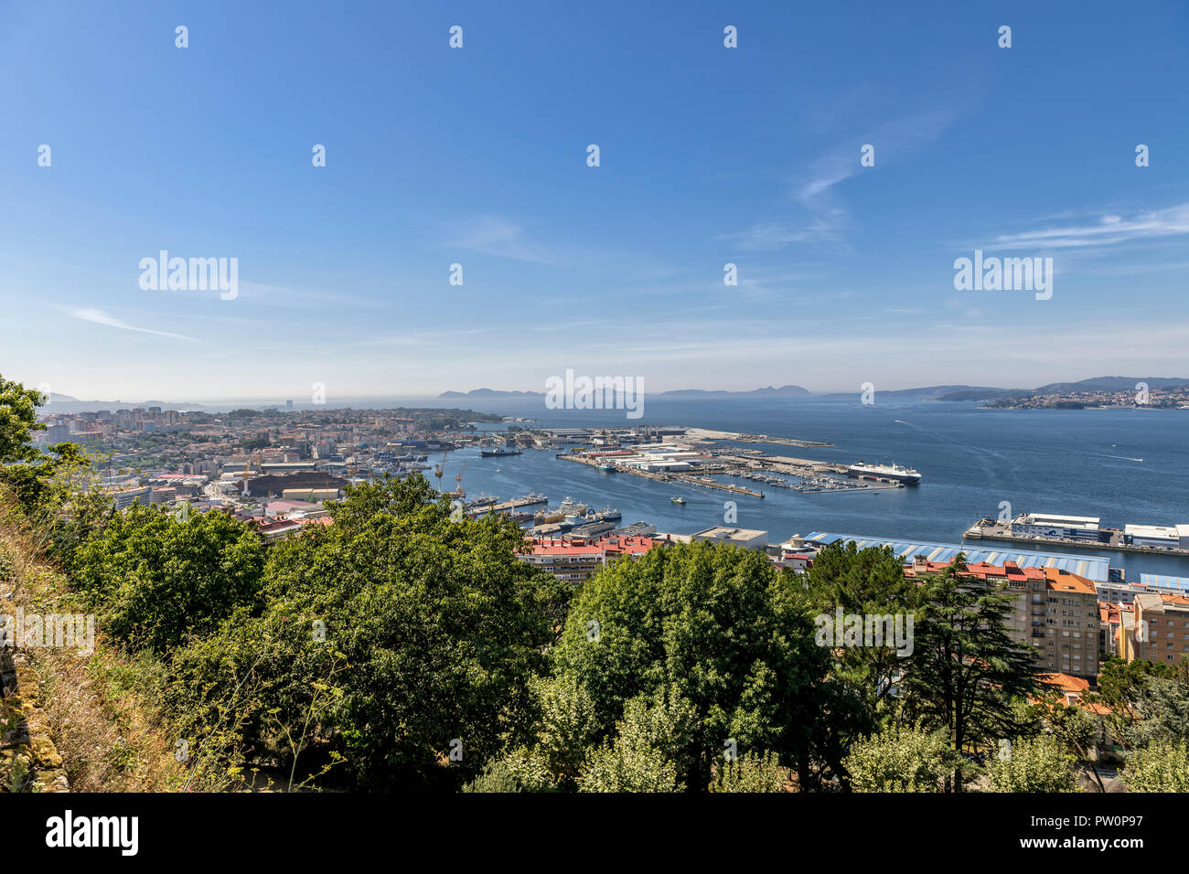panaramic view of Vigo bay port and docks from the grounds of the Castelo do Castro Spain Stock Photo