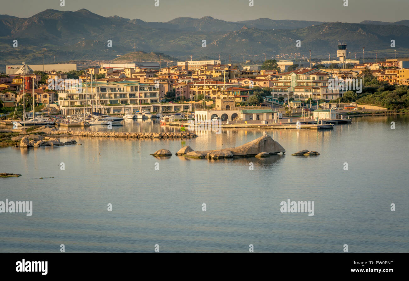 Olbia in Sardinia. Landscape around Olbia, view from cruise ship arriving into the Olbia harbor in Sardinia island, morning scene Stock Photo