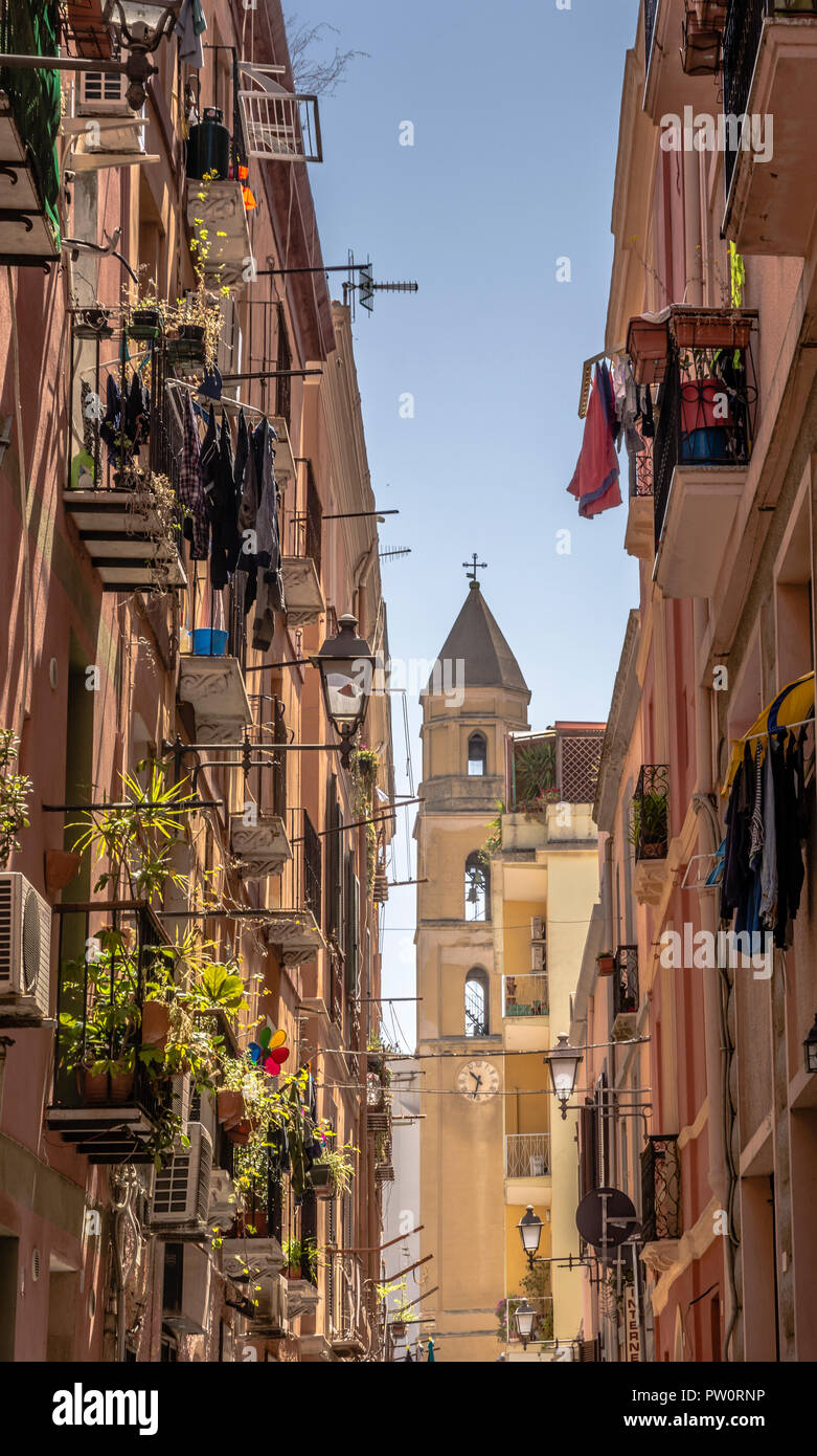 Traditional Narrow Streets of the old touristic part of Cagliari, the ...