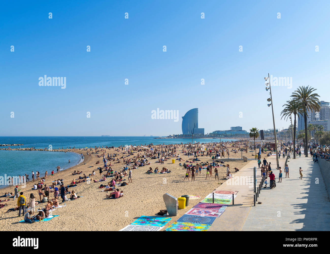 Barcelona beach. The beach in La Barceloneta (Platja de la Barceloneta), Barcelona, Spain Stock Photo