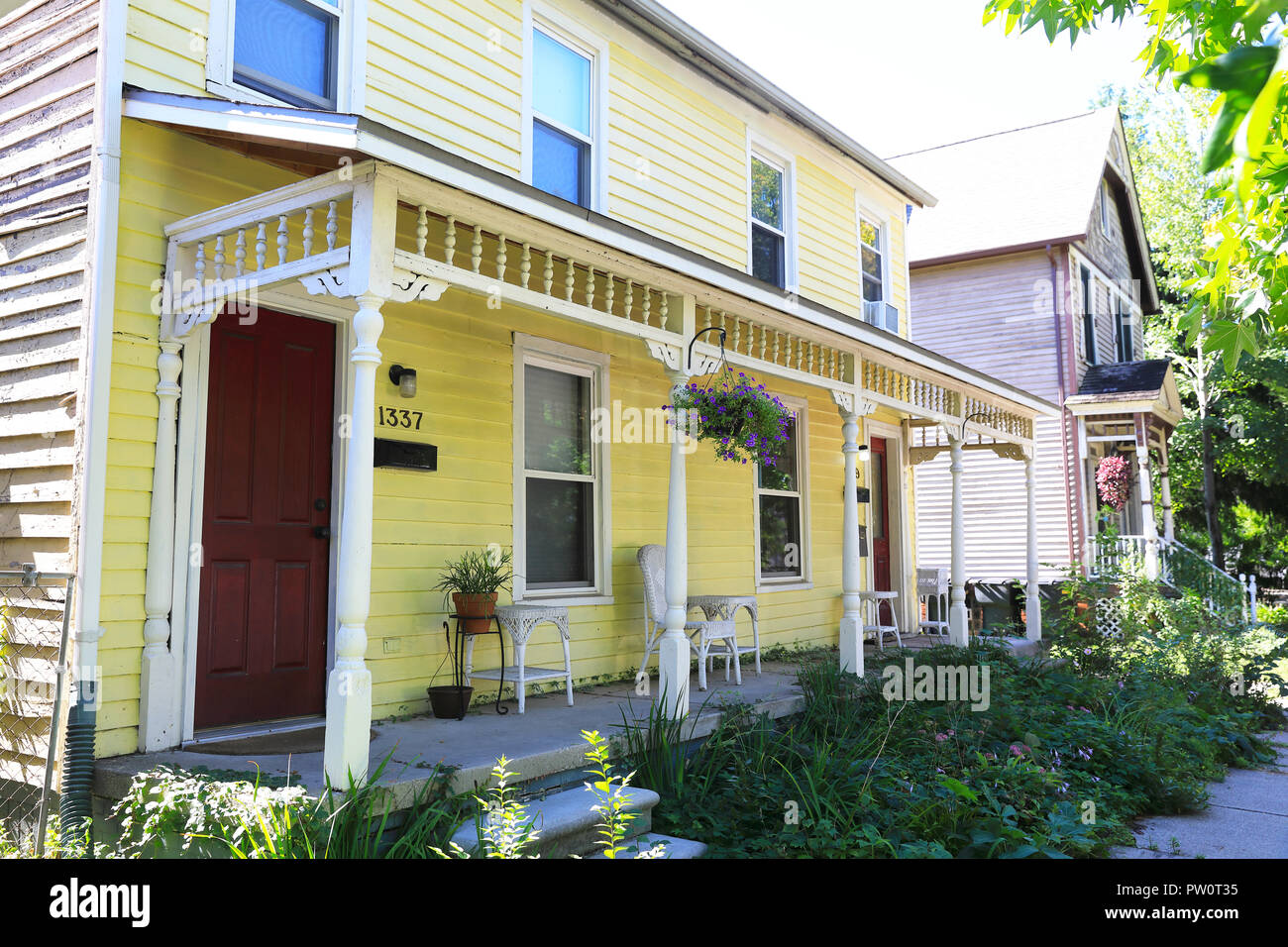 Colourful houses restored in Detroit's trendy Corktown district, in Michigan, USA Stock Photo