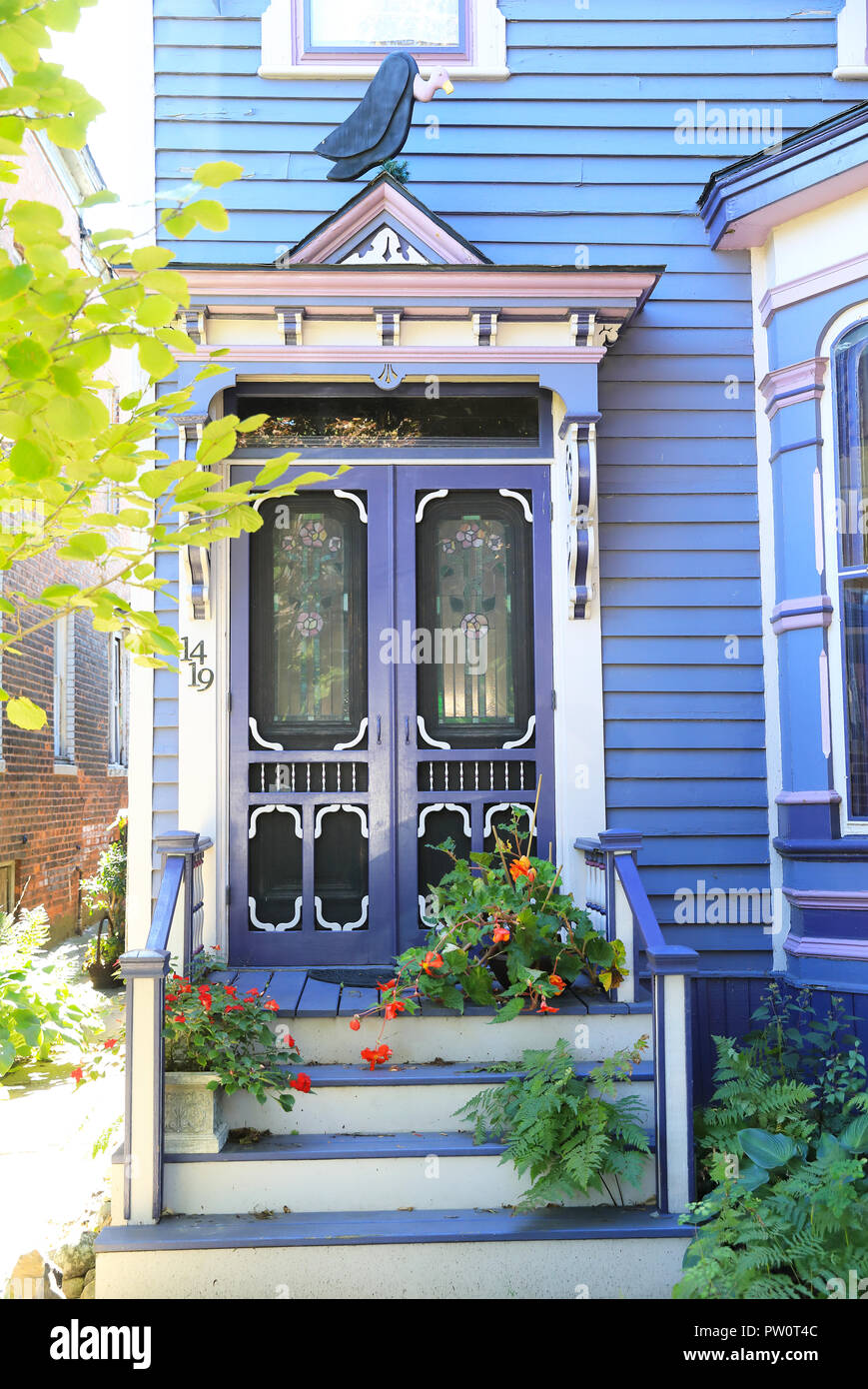 Colourful houses restored in Detroit's trendy Corktown district, in Michigan, USA Stock Photo