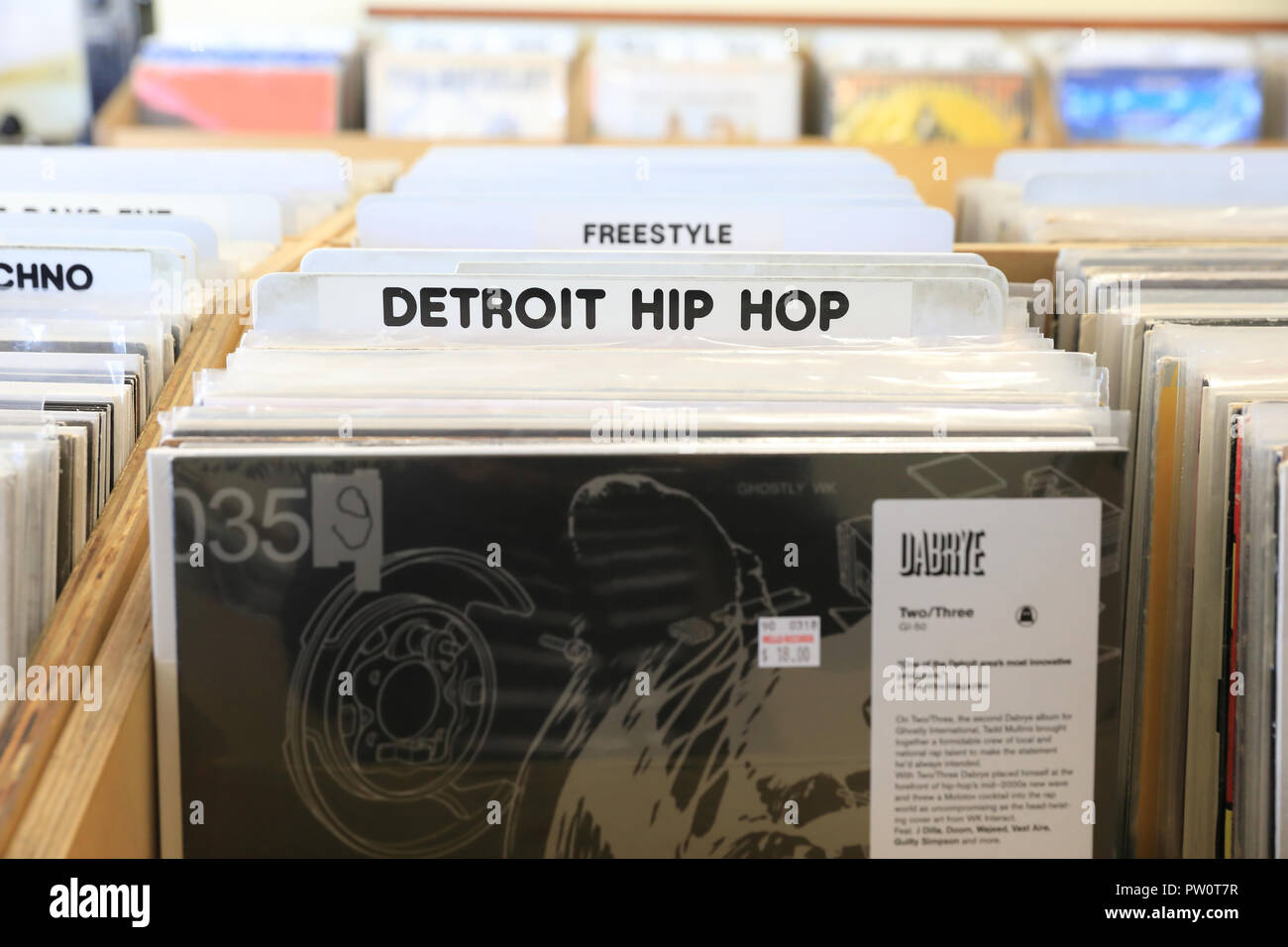 Hip record shop on Bagley St and Trumbull Ave, in trendy Corktown, in Detroit, Michigan, USA Stock Photo