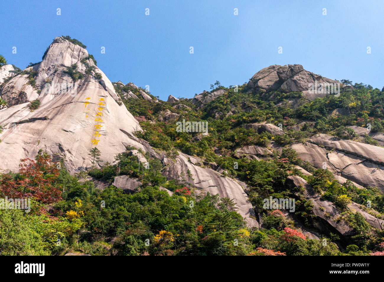 Oddly-shaped rocks on a foggy day during spring time. Landscape of the Huangshan Mountain in China Stock Photo